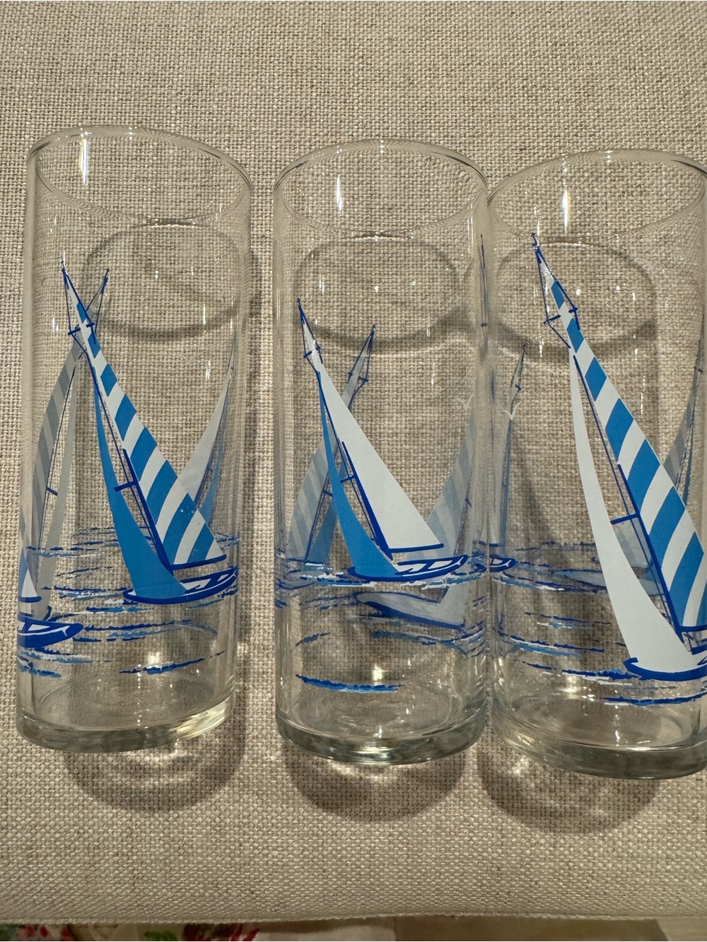 Set of 3 Vintage Sailboat Highball Glasses in Blue and White